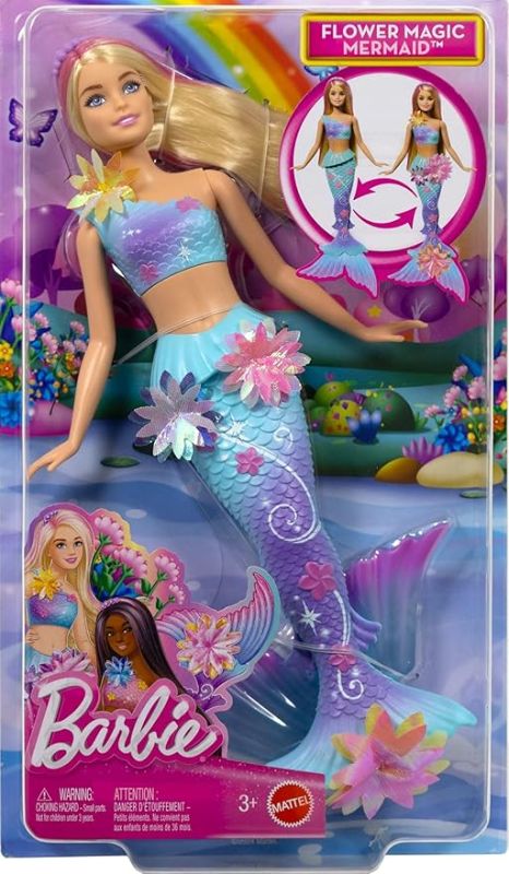 Barbie - Sirena Magia Floreale, bambola dai capelli biondi con coda sfumata e fascia con perle, magica sorpresa e fiori che sbocciano inclusi,Mattel,Eta 3+
