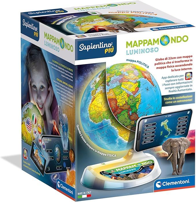 Sapientino Piu - Mappamondo Luminoso, Gioco Educativo per Bambini , Globo Educativo 22cm con App Dedicata in Realta Aumentata, Made in Italy, Lingua Italiana,Clementoni,Eta 7+