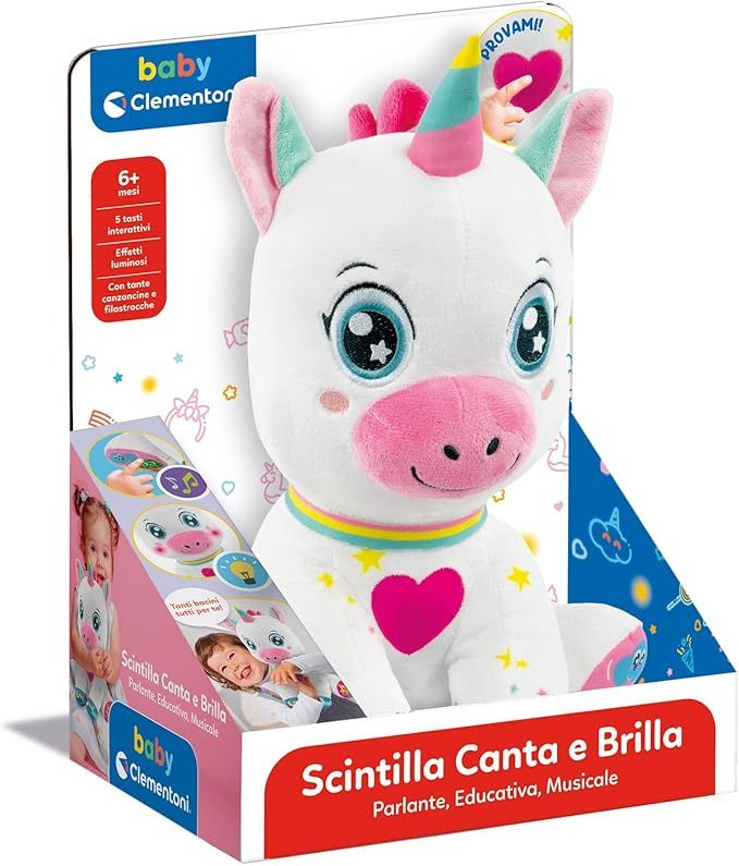 Scintilla Unicorno Canta e Brilla, Peluche Interattivo Parlante, Gioco Musicale per Bambini 6+ Mesi, Centro attivita per Lo Sviluppo Sensoriale e Cognitivo, Lingua Italiana,,Baby Clementoni,Eta 6+mesi