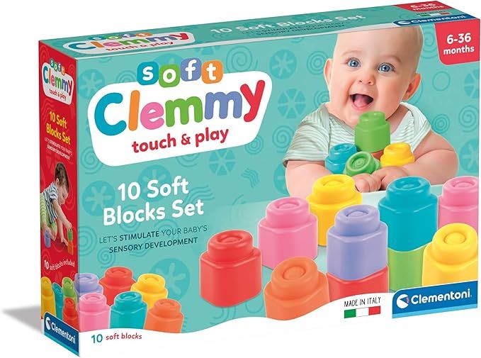 Mattoncini Costruzioni Morbide Soft Clemmy, Set 10 Mattoncini di Gomma Prima Infanzia per Bambini , Gioco Sensoriale Impilabile e Lavabili,Clementoni,Eta 6-36 mesi