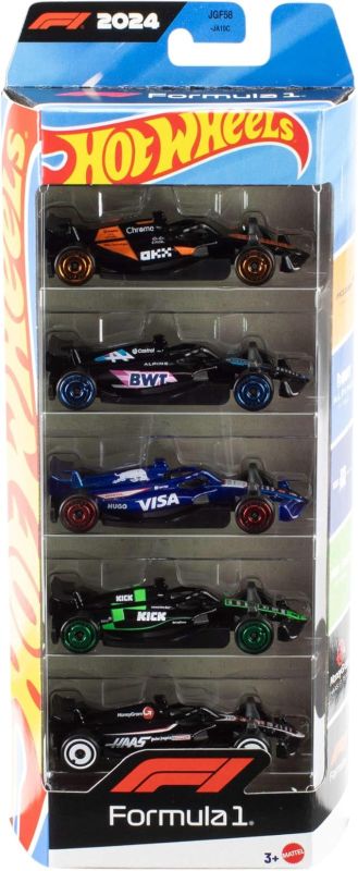Hot Wheels Formula 1, Set da 5 macchinine auto da corsa, cinque veicoli die-cast in scala 1:64 con decorazioni dei team di corse di F1,Mattel,Eta 3+