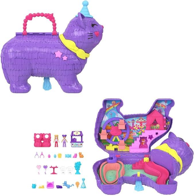 Polly Pocket - Gattino delle Feste, Set pignatta a Tema Festa di Compleanno con Ruota panoramica, Include 2 Mini Bambole, Cuccioli e 23 Accessori a Sorpresa,Mattel,Eta 4+