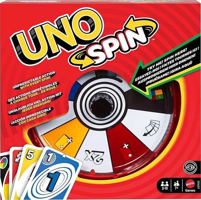 UNO Spin, versione dell`iconico gioco con spinner e nuove regole, carte speciali per girare la ruota con diversi comandi,,Mattel,Eta 7+
