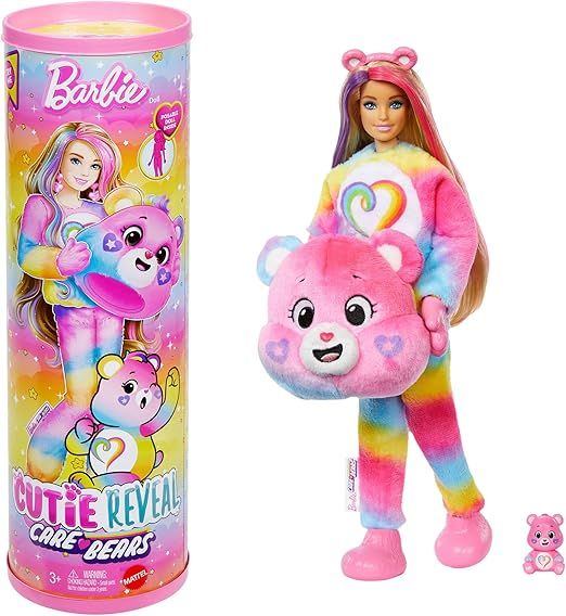 Barbie - Togetherness Bear, bambola Cutie Reveal Care Bears Serie 2 con costume in peluche e mini orso, 10 sorprese e accessori con effetto cambia colore,Mattel,Eta 3+