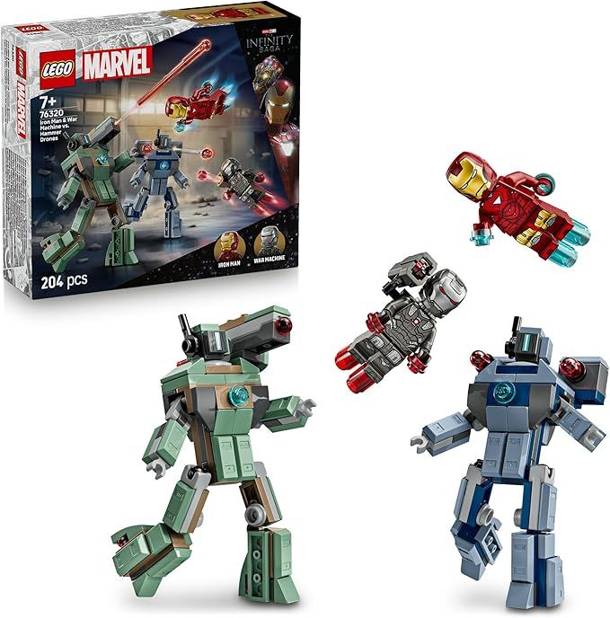 LEGO | Marvel Iron Man e War Machine Contro i Droni Hammer - Giocattolo da Costruire con 2 Minifigure e 2 Action Figure con Shooter,Eta 7+