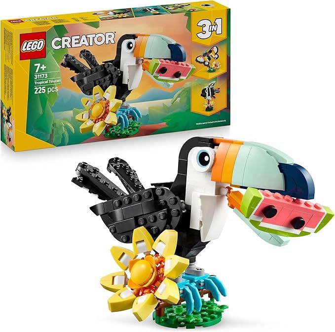 LEGO Creator 3 in 1 Animali Selvatici: Tucano Tropicale con Fiore - Animale Giocattolo Trasformabile in Farfalla o Pesce Tropicale,Eta 7+