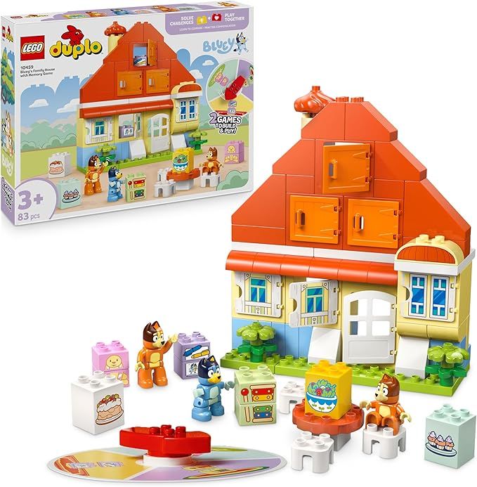 LEGO DUPLO Bluey: Casa della Famiglia Bluey con Gioco di Memoria - Giochi Educativi con 3 Personaggi, Casetta con Finestre Apribili e Gioco da Tavolo,Eta 3+