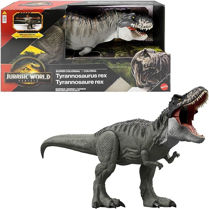 Jurassic World La Rinascita- T-Rex Super Colossale, T-Rex giocattolo con 2 attacchi, snodato e fedele al film,Mattel,Eta 4+