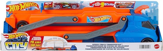 Hot Wheels - Trasportatore con Pista Super Velocita, camion che diventa pista con lanciatore, puo contenere fino a 9 auto e si collega ad altri set,,Mattel,Eta 3+