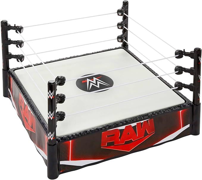 WWE - Superstar Ring, playset ring da 35+ cm con tappettino a molla, 4 adesivi per gli eventi RAW e Smackdown e corde Pro-Tension per i personaggi WWE,Mattel,Eta 6+