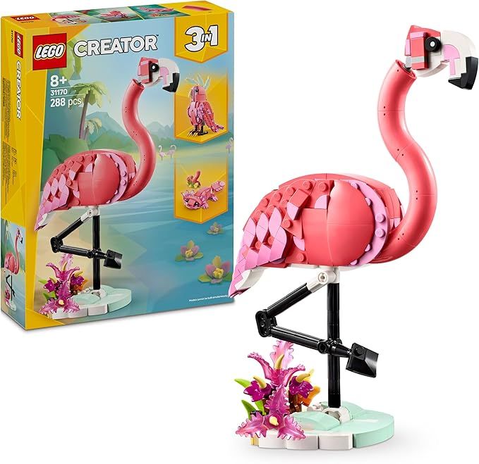 LEGO Creator 3 in 1 Animali Selvatici: Fenicottero Rosa Giocattolo - Si Trasforma in Pappagallo Cacatua o Axolotl,Eta 8+