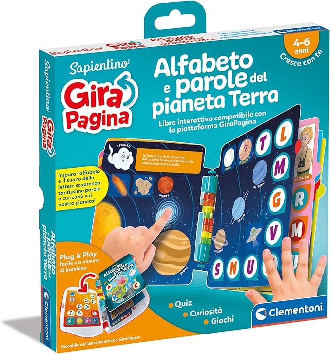 Sapientino - Girapagina, L`Alfabeto del Pianeta Terra - Libro Educativo Ed Interattivo per Stimolare L`Interesse alla Lettura, Clementoni,Eta 4-6 anni