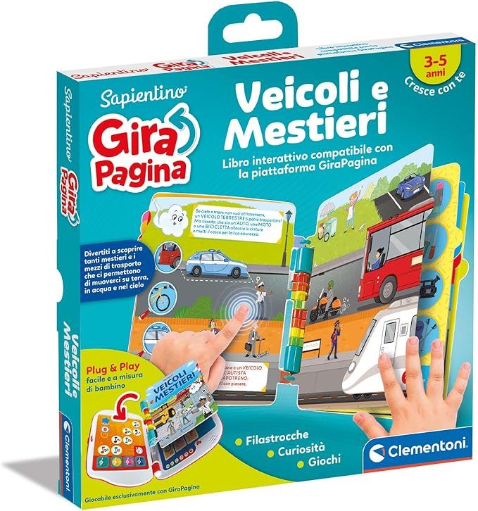 Sapientino - Girapagina, Veicoli E Mestieri - Libro Educativo Ed Interattivo per Stimolare L`Interesse alla Lettura,Clementoni,Eta 3-5 anni