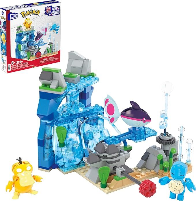 MEGA Pokemon - Avventura Acquatica, set da costruire con 319 pezzi e sistema Mattoncino Movimento, Squirtle, Psyduck e Finneon snodati inclusi, MAttel,Eta 8+