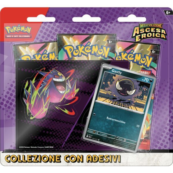 Pokemon GCC Megaevoluzione Ascesa Eroica, Collezione con adesivo Gastly,The Pokemon Company,Eta 6+