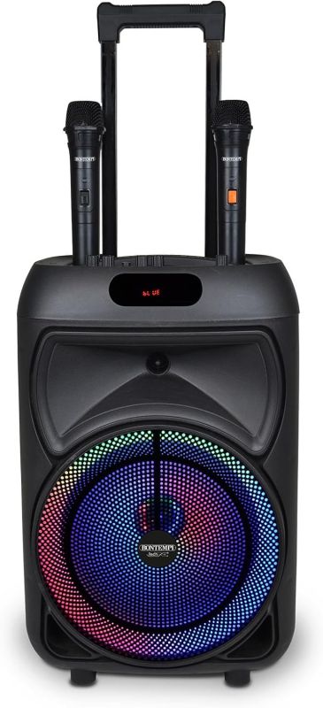 Cassa Trolley Acustica Wireless con 2 Microfoni Senza Filo, Luci RGB, Telecomando, Display, Funzione TWS, 48x29x24 cm,Bontempi