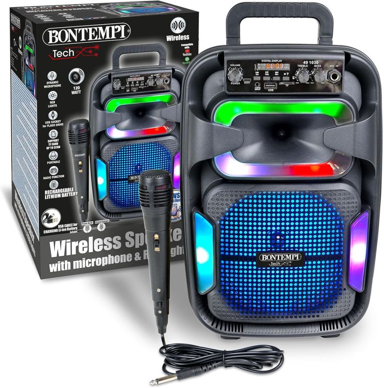 SonicSync - Amplificatore Wireless Karaoke con Microfono Dinamico, Effetti Luminosi, Regolatore Alti e Bassi, Funzione TWS, 38,2x24,9x21,9 cm,Bontempi