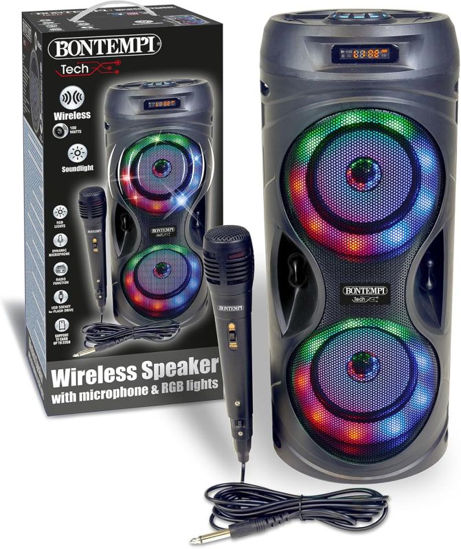 SonicSync - Amplificatore Wireless Karaoke con Microfono Dinamico, Effetti Luminosi, Regolatore Alti e Bassi, TWS ed Effetto Eco, 41,4x18,8x18,8 cm ,Bontempi
