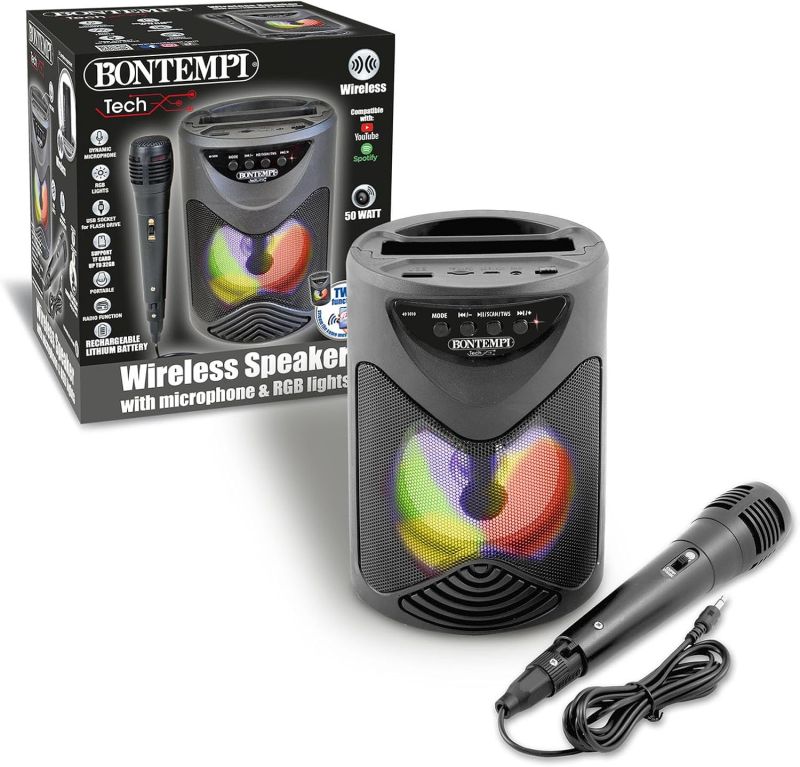 Amplificatore Wireless Karaoke con Microfono Dinamico, Vano Porta Smartphone, Effetti Luminosi ed Effetto Eco, 18,9x15,9x12,9 cm,Bontempi