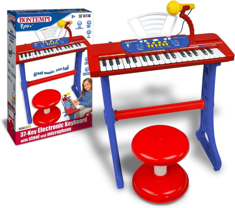 MiniKeyFun - Tastiera Giocattolo a 37 Tasti per Piccoli Musicisti con Microfono, Sgabello e Leggio, Blu e Rosso, 54,4x32,9x15,9 cm,Bontempi, Eta 3+