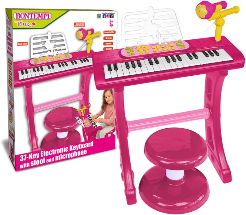 MiniKeyFun - Tastiera Giocattolo a 37 Tasti per Piccoli Musicisti con Microfono, Sgabello e Leggio, Rosa, 54,4x32,9x15,9 cm,Bontempi,Eta 3+