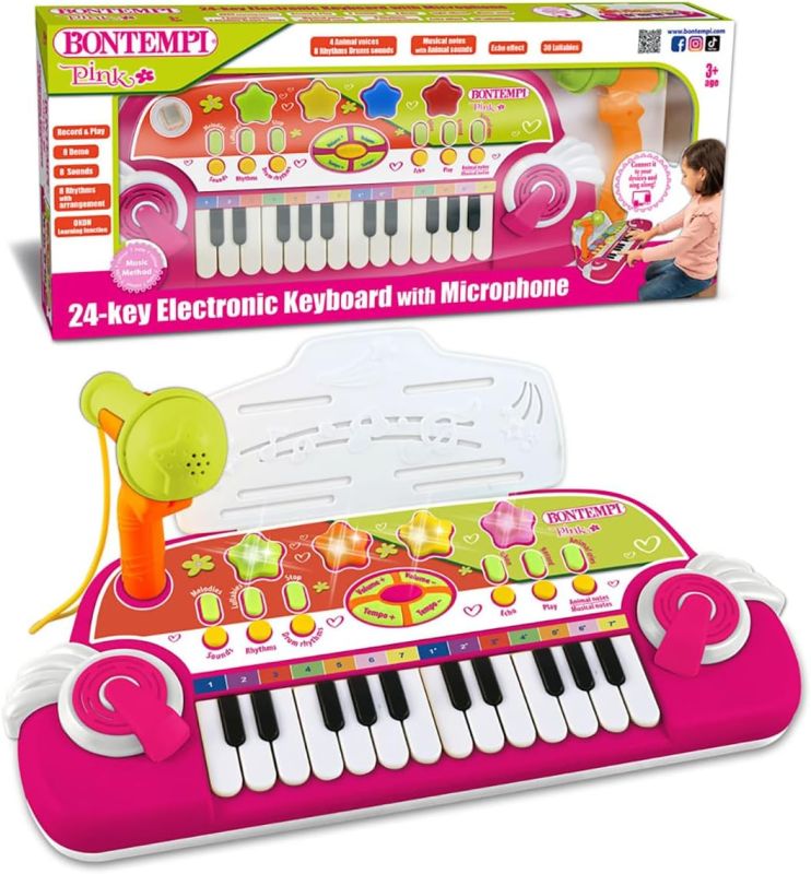 MiniMelody: Tastiera Giocattolo Elettronica a 24 Tasti con Microfono per Piccoli Musicisti, Rosa, 333x222x125 mm,Bontempi,Eta 3+