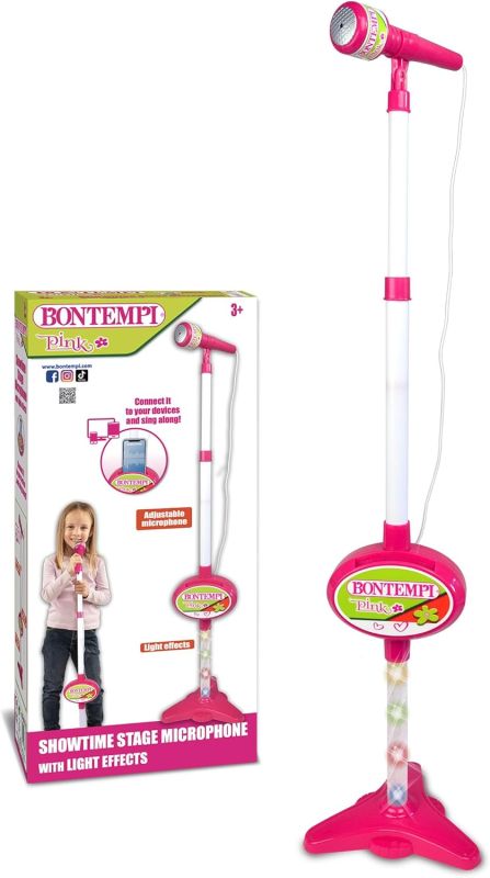 MP3Stage Mic - Microfono da Palcoscenico con Connessione MP3 per Performance Versatili, con Effetti Luminosi e Vano Porta Smartphone, Rosa, 40,9x19,5x6,4 cm,Bontempi,Eta 3+
