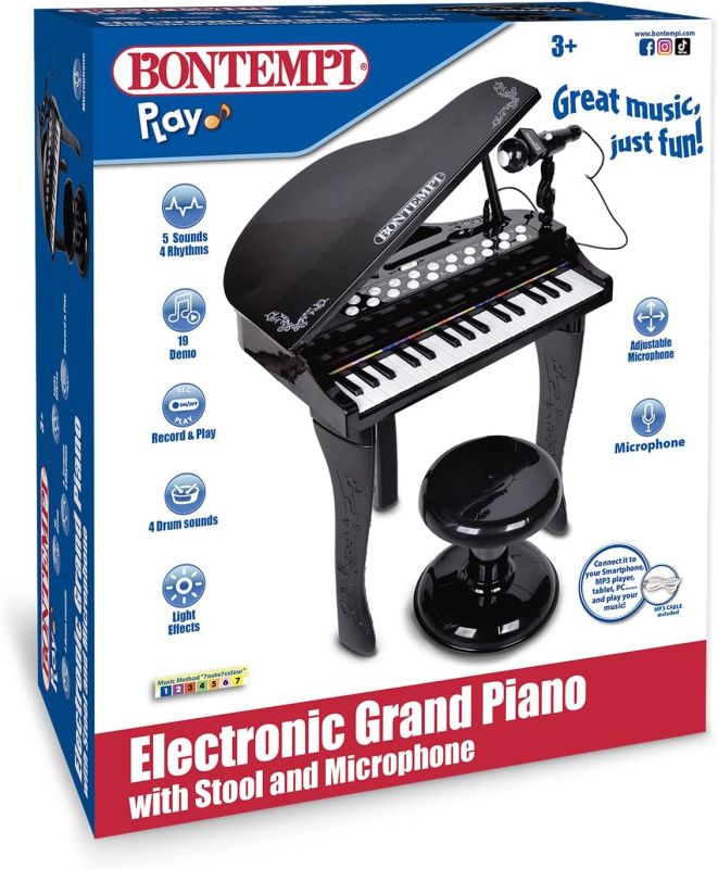 Pianoforte a Coda Elettronico 32 Tasti con Microfono e Sgabello, Effetti Luminosi, 5 Suoni, 4 Ritmi, 19 Brani, 53x40x32 cm,Bontempi,Eta 3+