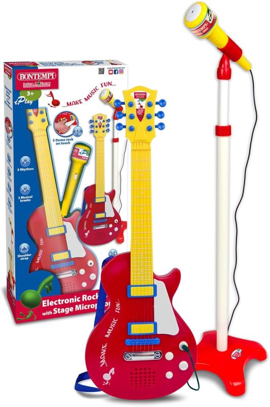 ElectroGroove con Microfono - Chitarra Rock Elettronica per Vibrazioni Potenti e Ritmi Innovativi, Rosso e Giallo, 225x225x1120 mm,Bontempi