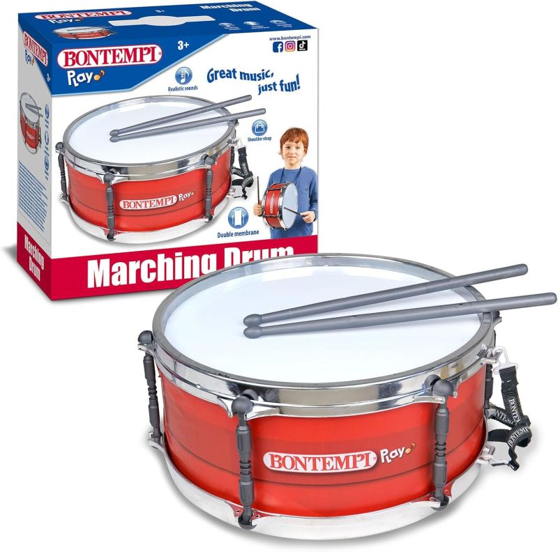 Tamburo con Doppia Membrana, Tracolla e Bacchette di 25cm per un`Esperienza Ritmica Completa, Rosso, 34,4x31,9x15,4 cm,Bontempi,Eta 3+