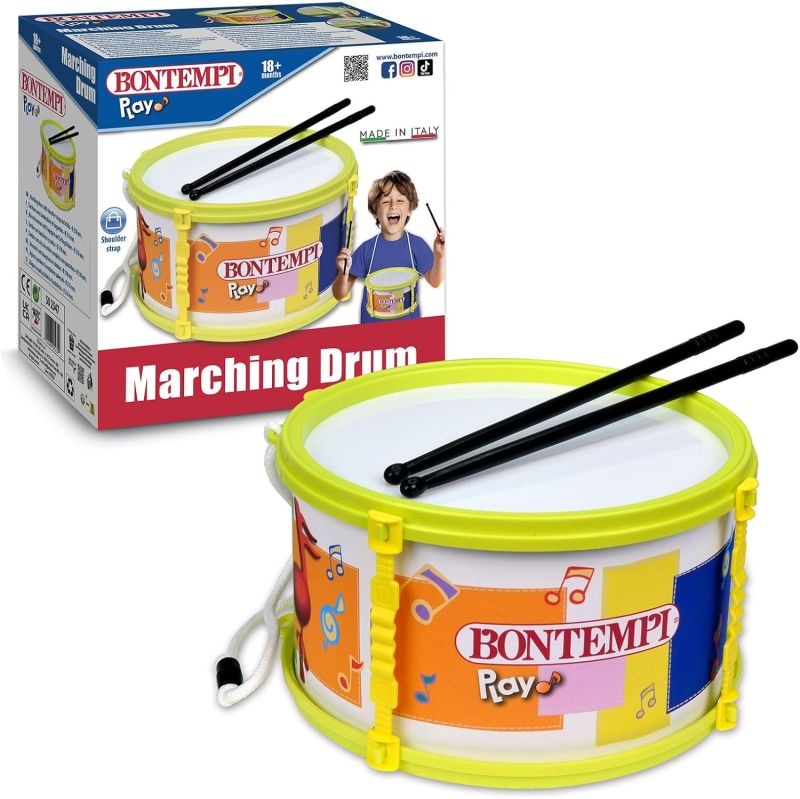 Tamburo e Bacchette di 20cm per un`Esperienza Ritmica Completa, Giallo, 21,5x21,5x11,5 cm,Bontempi,Eta 18+ mesi