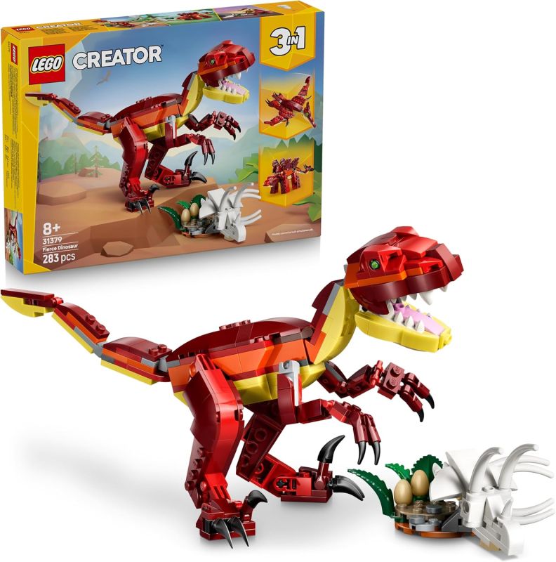 LEGO Creator 3 in 1 Feroce Dinosauro Giocattolo - Figure di Velociraptor, Stegosauro o Pterosauro con Elementi Scheletro e Denti Affilati, Eta 8+
