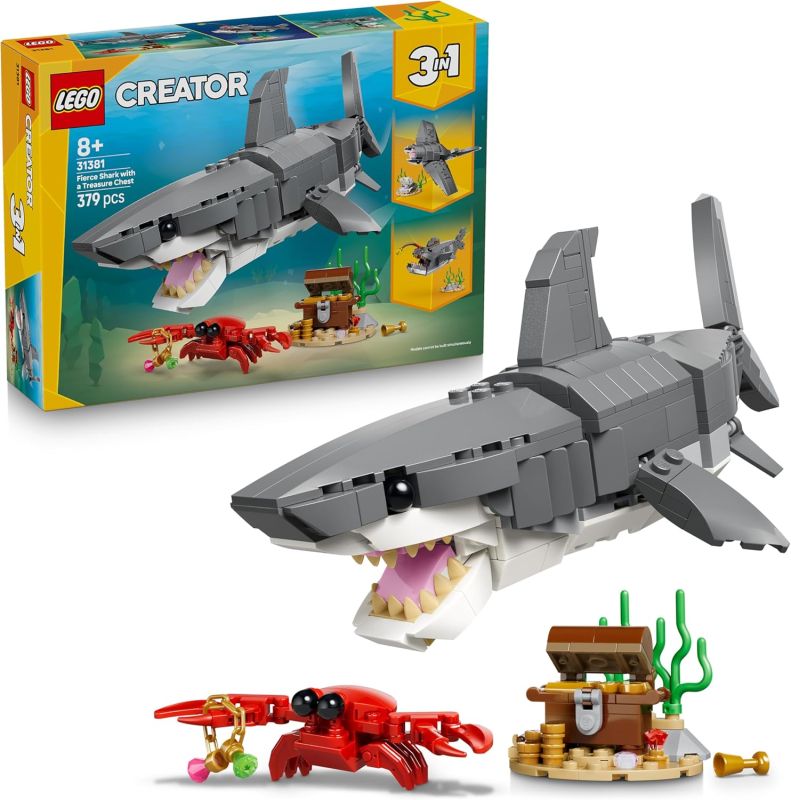 LEGO Creator 3 in 1 Squalo con Scrigno del Tesoro Giocattolo - Animale Marino Trasformabile in Rana Pescatrice o Manta - Decorazione Camera da Letto , Eta 8+