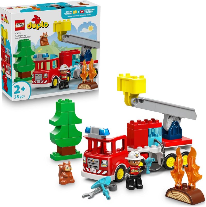 LEGO DUPLO Autopompa con Manichetta e Pompiere - Gioco Didattico per la Motricita Fine - Camion Giocattolo Rosso con Scala, Personaggio e Scoiattolo,Eta 2+