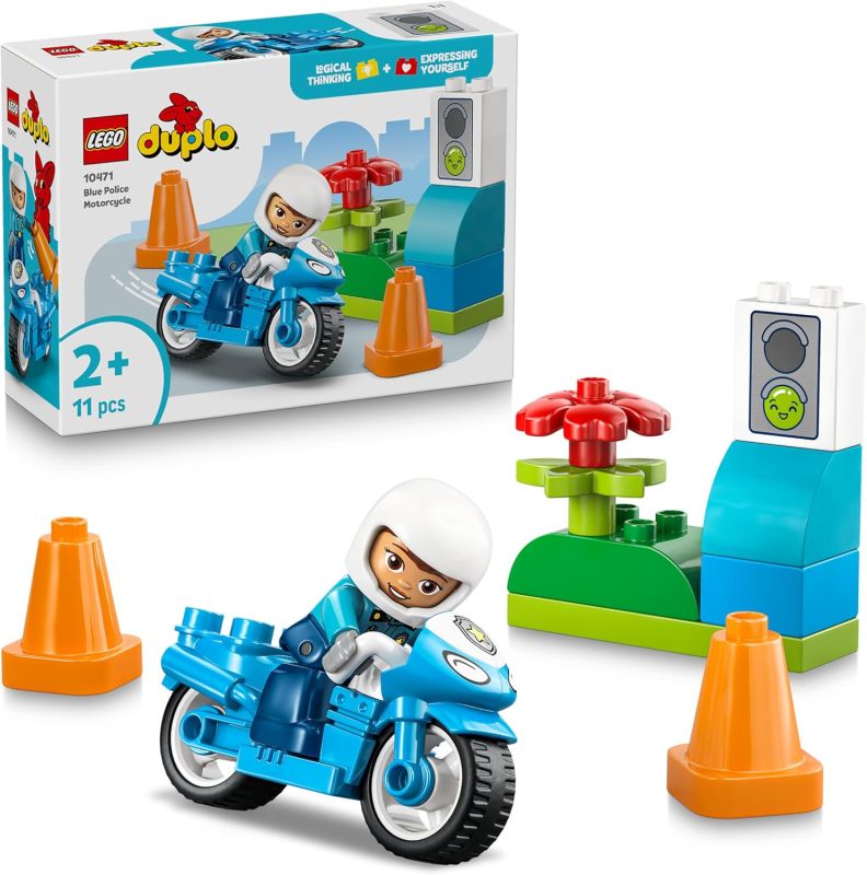 LEGO DUPLO Motocicletta Blu della Polizia - Gioco Didattico per la Motricita Fine - con Moto Giocattolo, Poliziotto, Semaforo e 2 Coni, Eta 2+