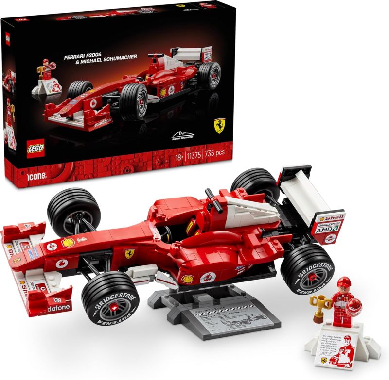LEGO Icons Ferrari F2004 e Michael Schumacher - Modello di Auto F1 per Adulti - Set con Motore V10 e Minifigure da Collezione del Pilota , Eta 18 +