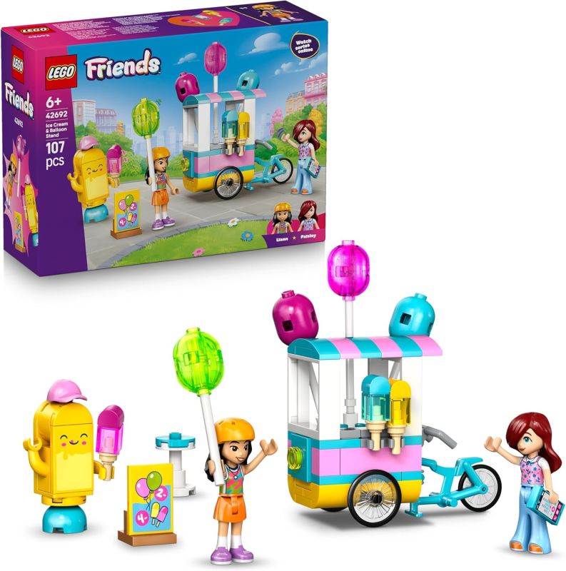 LEGO Friends Bancarella dei Gelati con Palloncini - Negozio Giocattolo con Bici, 2 Mini Bamboline, Accessori, Cibo e Mascotte, Eta 6+