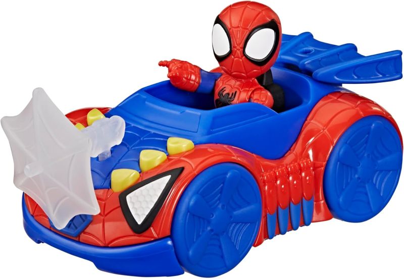 Marvel Spidey e i suoi fantastici amici, macchina giocattolo Spidey e Web-Crawler con action figure da 7,6 cm e accessori, Hasbro,Eta 3+