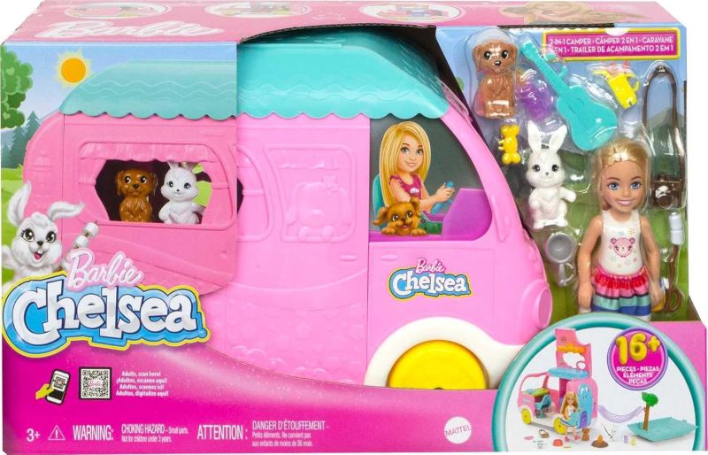 Barbie - Camper di Chelsea 2 in 1, playset con veicolo che si trasforma in un campeggio e mini bambola Chelsea, 2 cuccioli e 15+ accessori inclusi,Mattel , Eta 3+