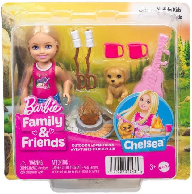Barbie - Chelsea Avventure all`Aperto, Set con Mini Bambola Chelsea bionda con Top e Shorts a Pois, Amico Cucciolo e 5 Accessori a Tema Campeggio Inclusi,Mattel, Eta 3+