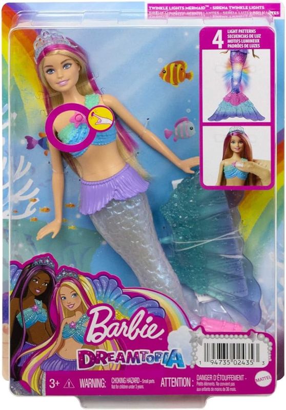 Barbie Dreamtopia Sirena Luci Scintillanti Bambola (30,4 cm, bionda) con luci che si attivano a contatto con l`acqua e capelli con ciocche rosa, Mattel, Eta 3+