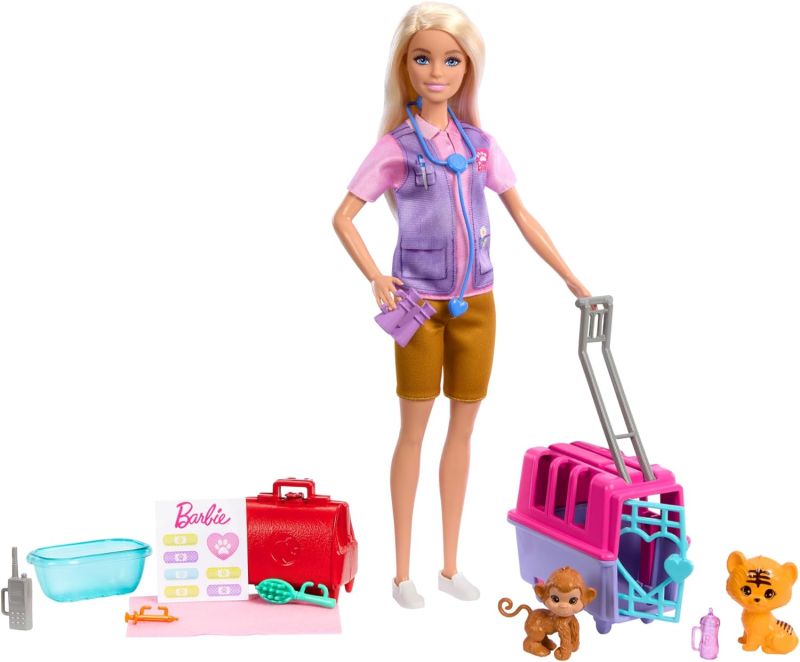 Barbie Carriere - Salvataggio e Recupero Animali, playset con bambola bionda, scimmietta e cucciolo di tigre, trasportino e accessori inclusi,Mattel,Eta 3+