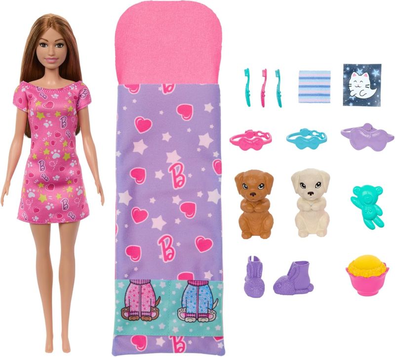 Barbie - Pigiama Party per Cuccioli, playset con bambola e 2 cuccioli, 10 accessori con effetto cambia colore inclusi, sacco a pelo e mascherine,Mattel,Eta 3+