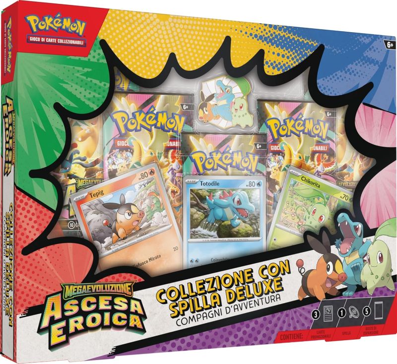 Pokemon collezione con spilla deluxe Compagni d`avventura dell`espansione Megaevoluzione - Ascesa Eroica del GCC Pokemon (3 carte promozionali olografiche, 1 spilla deluxe e 5 buste di espansione)