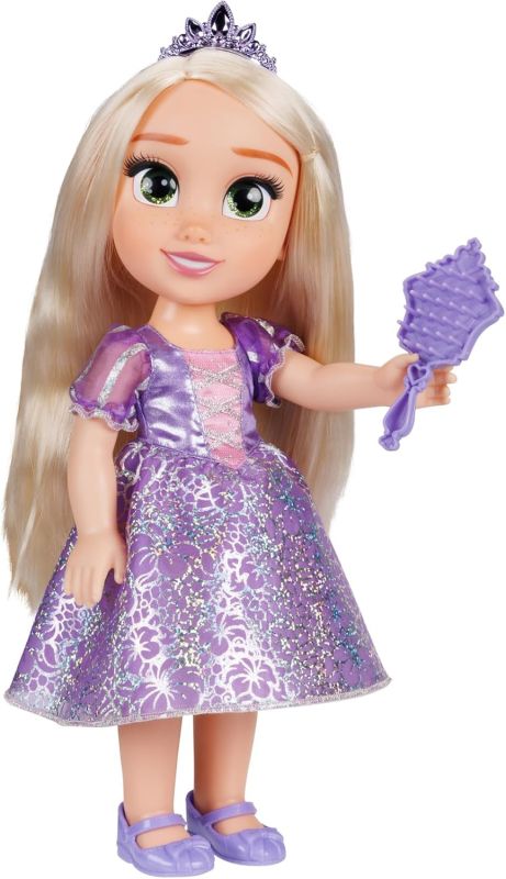 Disney Princess Bambola 38 cm di Rapunzel, con i Suoi Abiti Iconici Arricchiti da Dettagli Glitterati, Tiara Scintillante e Scarpette Coordinate, i Suoi Occhi Brillano,Jkks,Eta 3+
