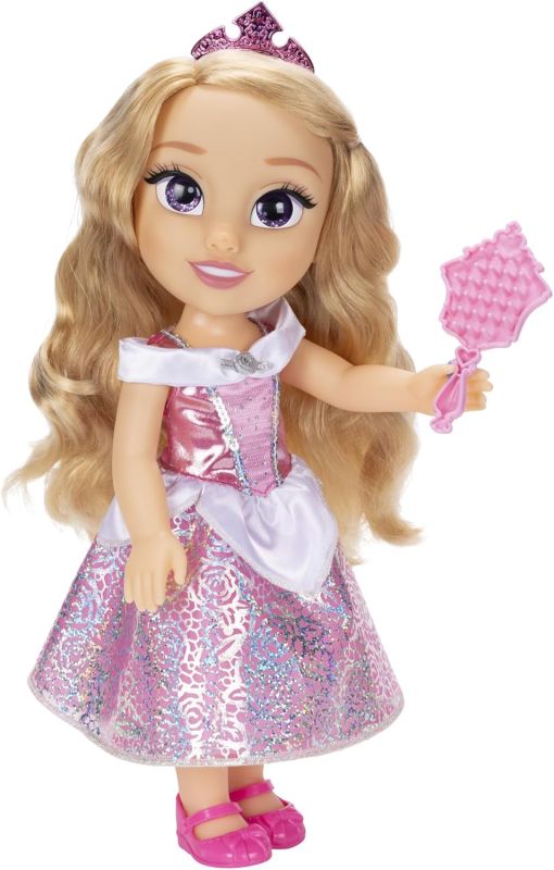 Disney Princess ? bambola 38 cm di Aurora, con i suoi abiti iconici arricchiti da dettagli glitterati, tiara scintillante e scarpette coordinate, i suoi occhi brillano,Jakks,Eta 3+