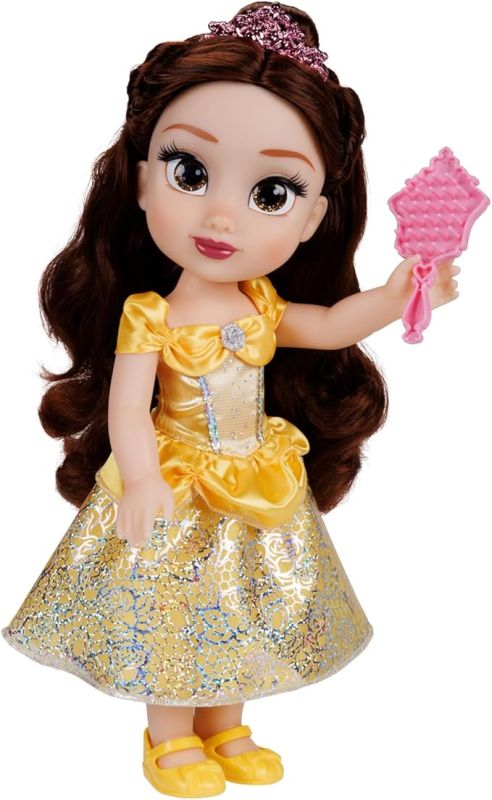 Disney Princess ? bambola 38 cm di Belle, con i suoi abiti iconici arricchiti da dettagli glitterati, tiara scintillante e scarpette coordinate, i suoi occhi brillano, Eta 3+