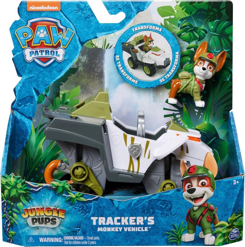 PAW Patrol Jungle Pups, Veicolo Scimmia di Tracker, veicolo giocattolo con personaggio Tracker da collezione,SPin Mster, Eta 3+