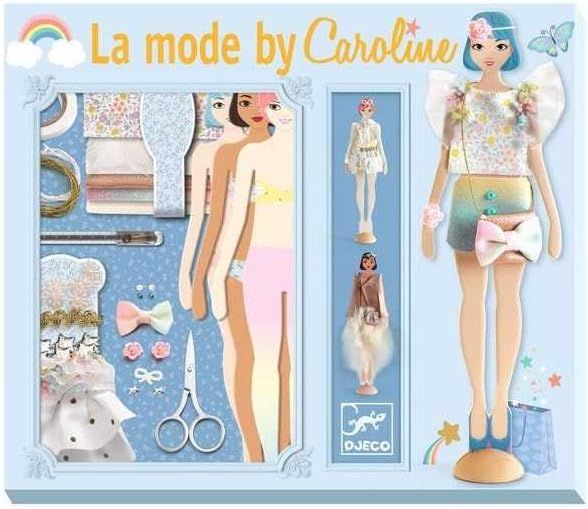 Laboratorio di moda La moda by Coraline, Cofanetto con veri tessuti per creare vestiti per bambole, Djeco, Eta 7-12 anni