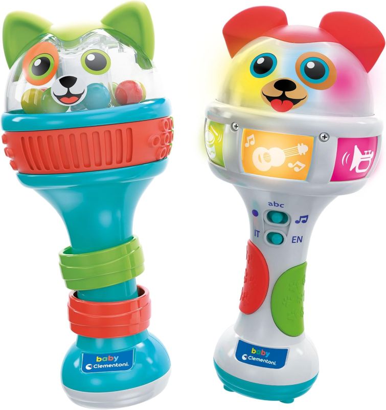 Baby Maracas Amici Cuccioli, Sonagli Interattivo , con Palline, Effetti Sonori e Melodie, Stimola Sensi, Manualita e Sviluppo della Lingua Italiana e Inglese,Baby Clementoni,Eta 6-36 mesi